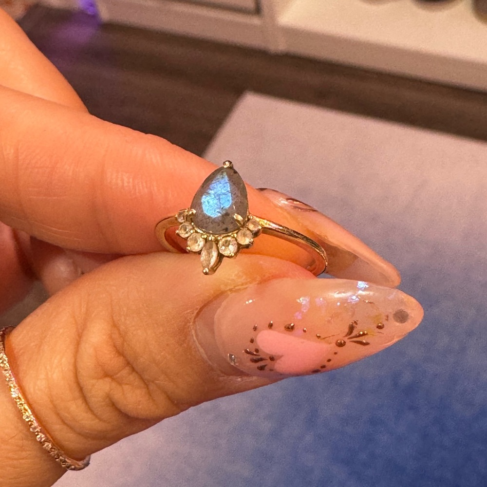 LOCAL ECLECTIC Solid Gold Labradorite Pear Dew Drop Moissanite Halo Dainty Ring - Picture 2 of 9
